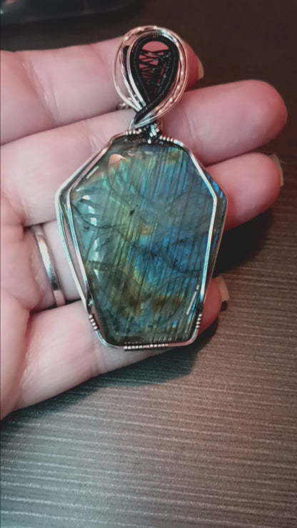 Carved Flower Labradorite Coffin Pendant